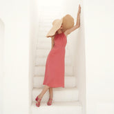 Halterneck Midi Silk Dress with Back Tie and Flowing A-Line Skirt